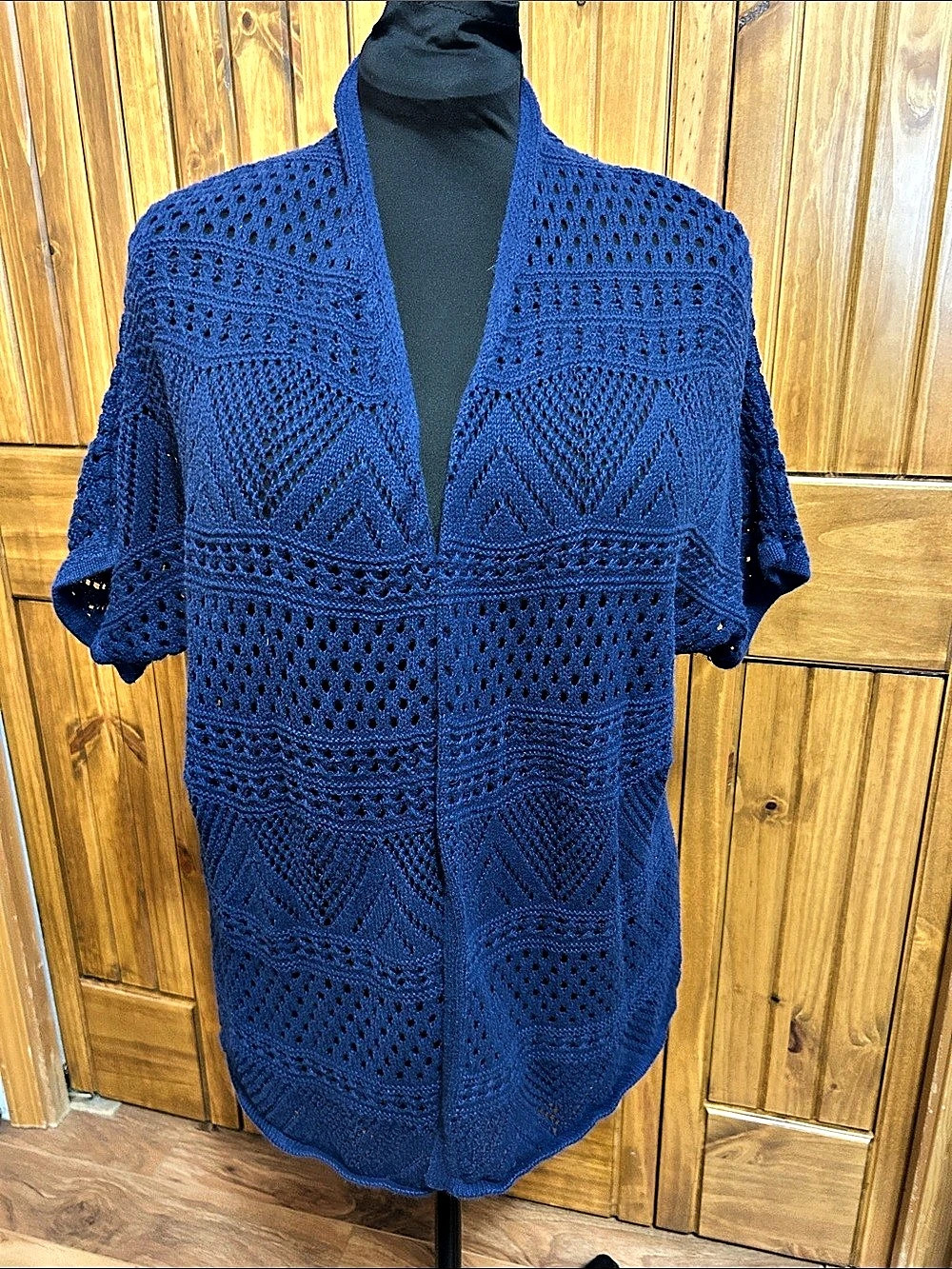 Blue Open Front Crochet Short Sleeved Cardigan